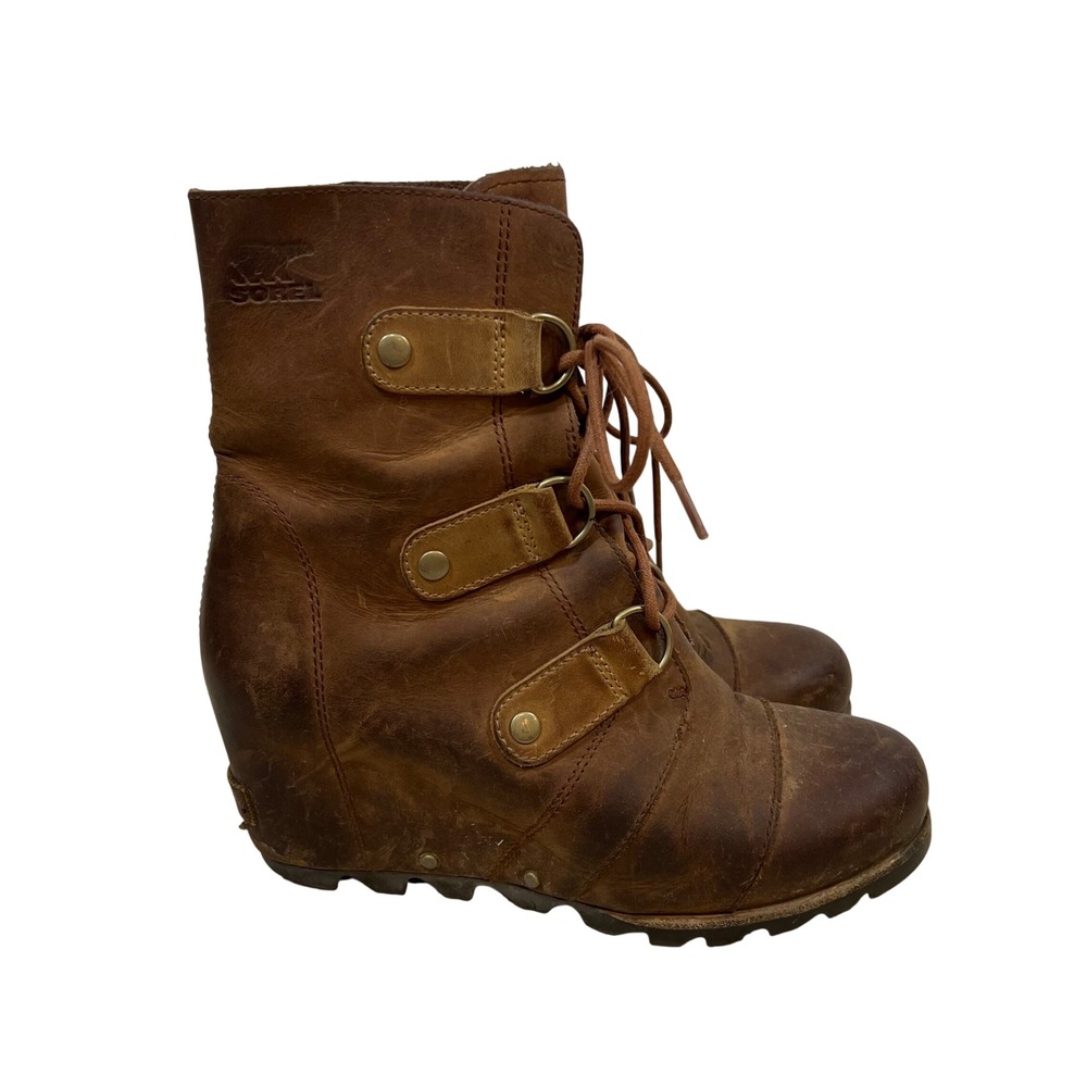 Sorel Joan of Arctic Wedge Mid Lace Up Boots Womens Size 8 Brown Leather
